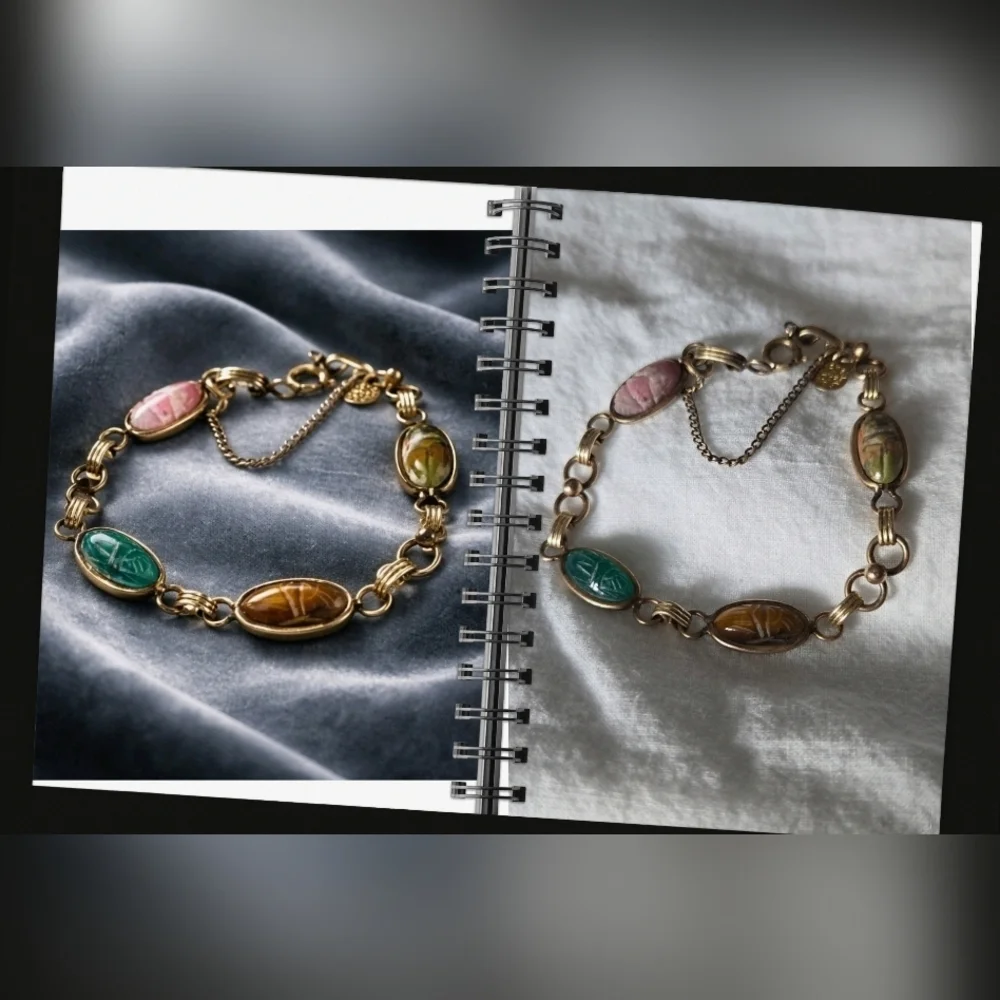 VTG D'or 1/20 12k G F Multicolor Gems Scarab Bracelet